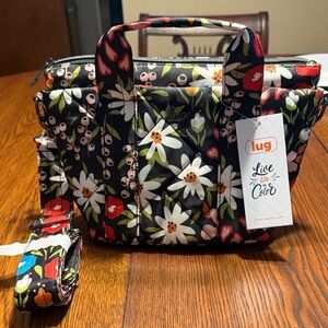 lug Black Floral Mini Tote with White Daisies & Red Accents